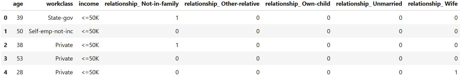 INCOME dataset after one-hot-encoding the relationship variable and converting booleans into integers (\(0\),\(1\)).