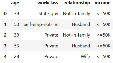 First rows of the INCOME dataset.