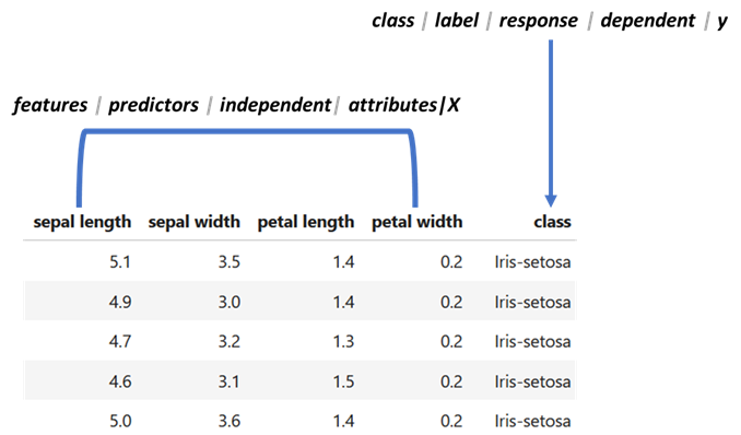 First rows of theIRIS dataset. The first four columns are the features and the last column is the class.